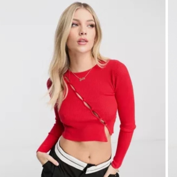 Tops - ASOS-Diagonal Lace-Up Long Sleeve Top-Seamless Ribbed Sz M-NWOT-Red-Garage-☀️❤️​